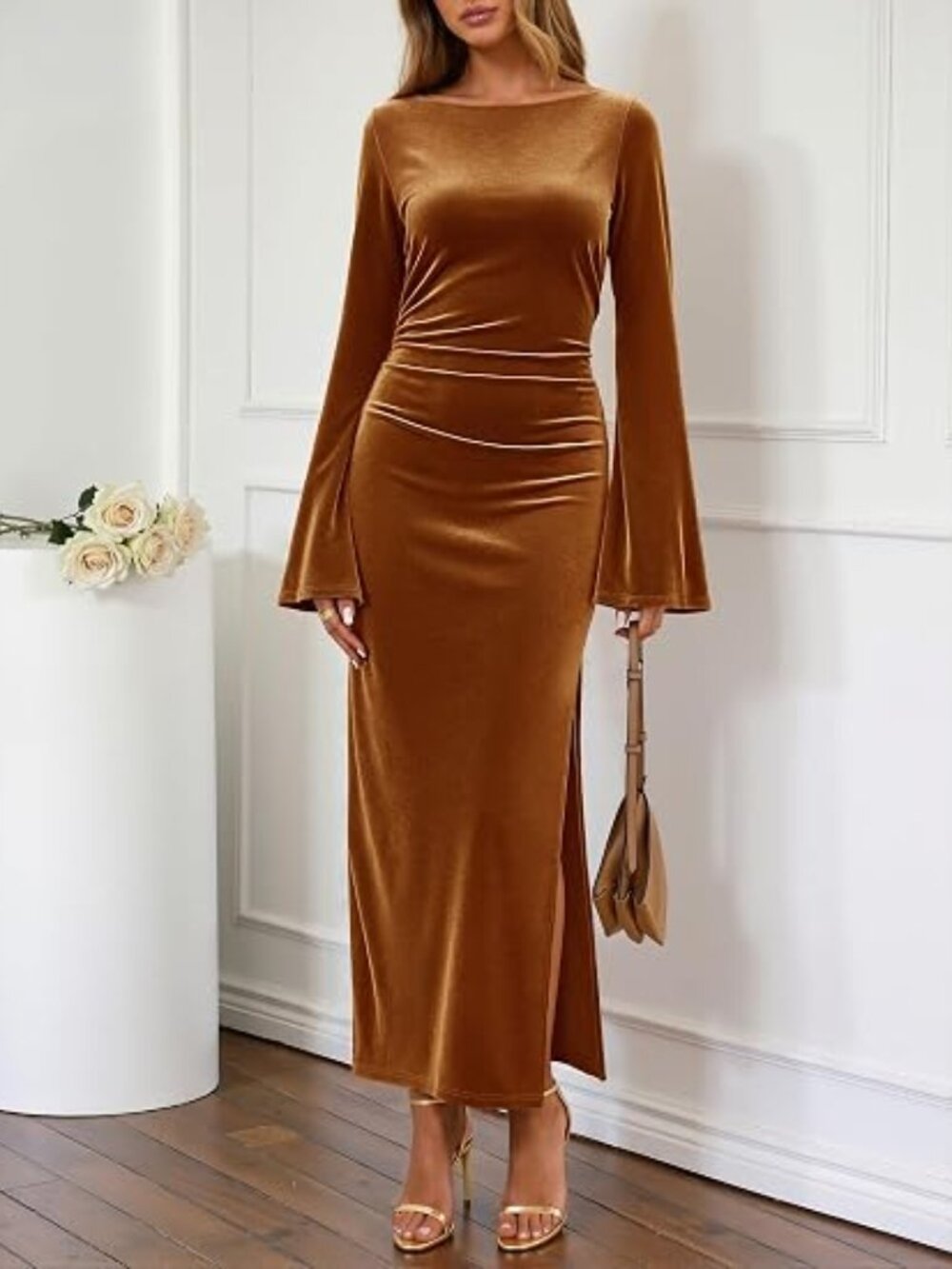 Women's Formal Fall Long Sleeve Velvet Maxi Dress 2026 Bodycon